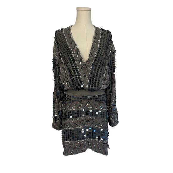 ASOS Design Plunge Neck Sequin Dress Womens Size 8 Gray Gatsby Tie Back Mini - Picture 1 of 9
